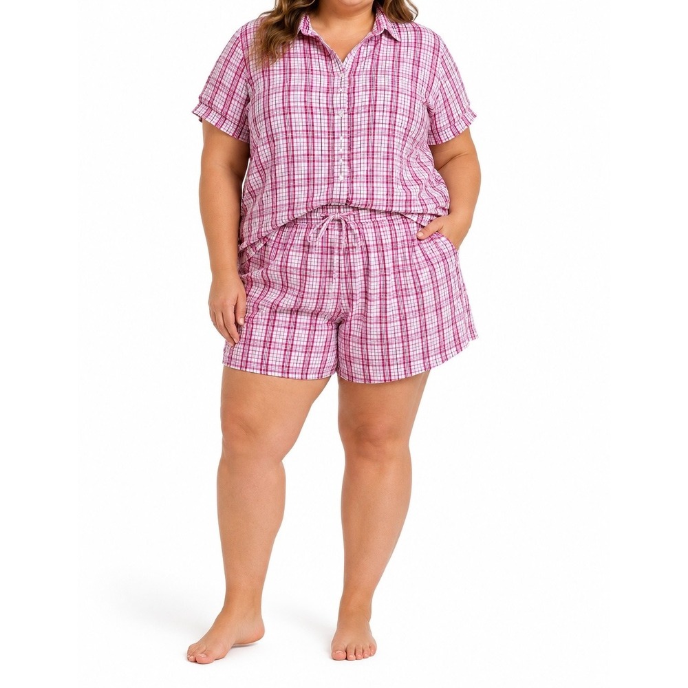 CHEROKEE Woman Pink Plaid Pajama Set 100% Cotton Shirt & Shorts Plus 20W NWT